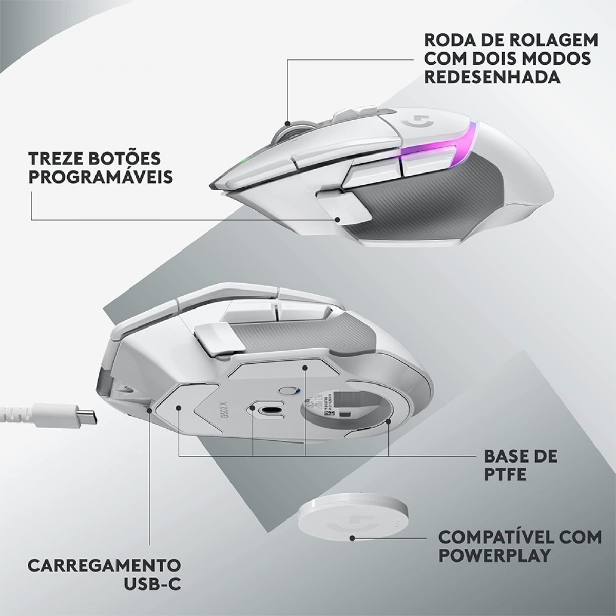Mouse Gamer Logitech G502 X Plus, RGB, Sem Fio, 25600 DPI, 13 Botões, Switch Híbrido, Branco, 910-006170