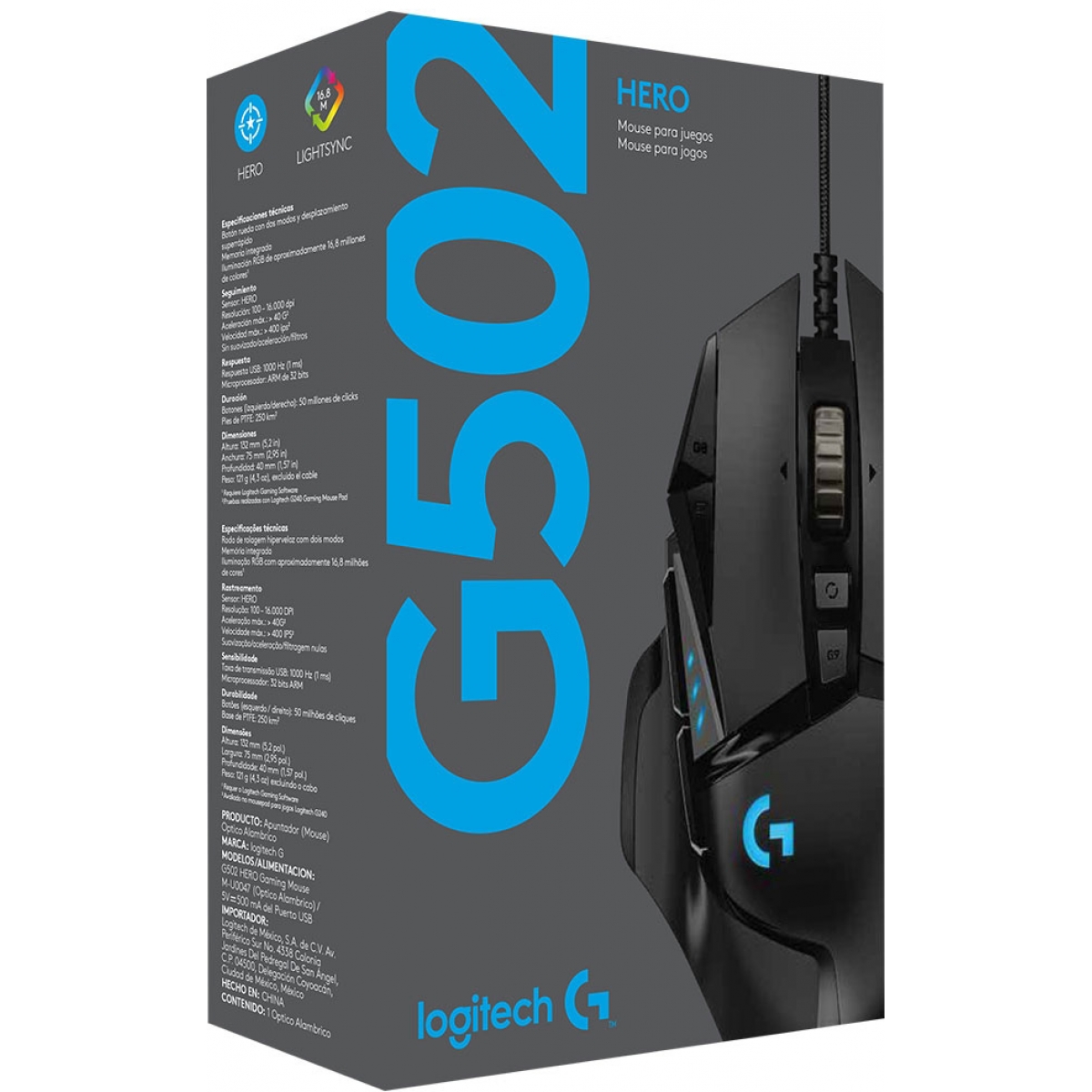 Mouse Gamer Logitech Hero G502, 16000 DPI, 11 Botões, Ajuste de Peso, RGB, Black, 910-005550