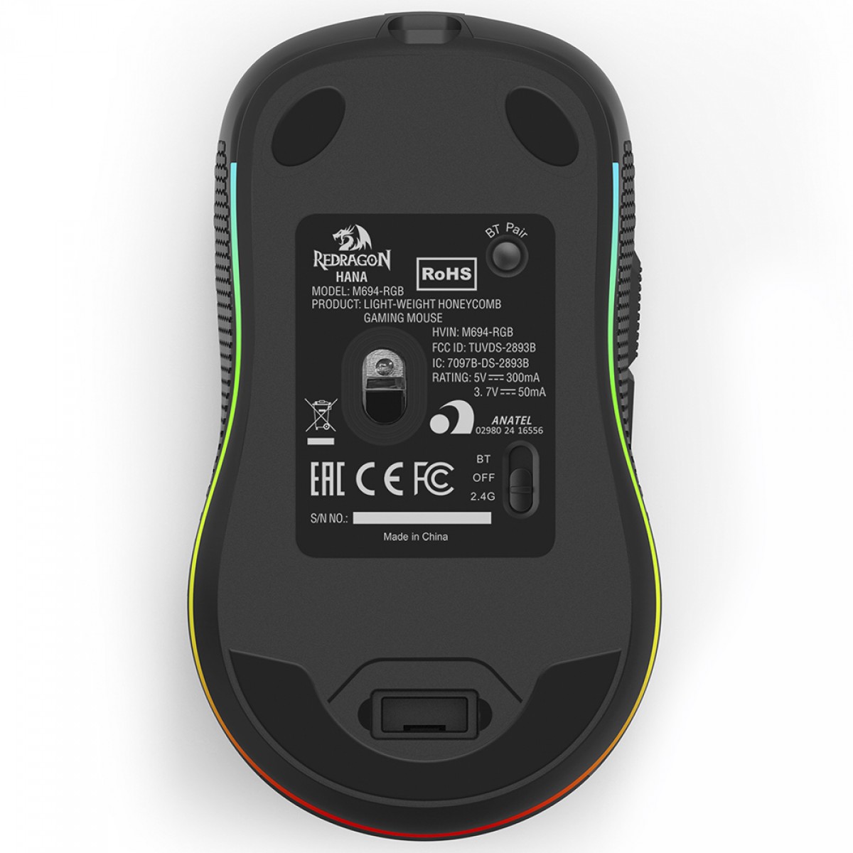 Mouse Gamer Redragon Hana M694 RGB, Wireless, Bluetooth, 7200 DPI, Sensor PAW 3104, 7 Botões, Preto