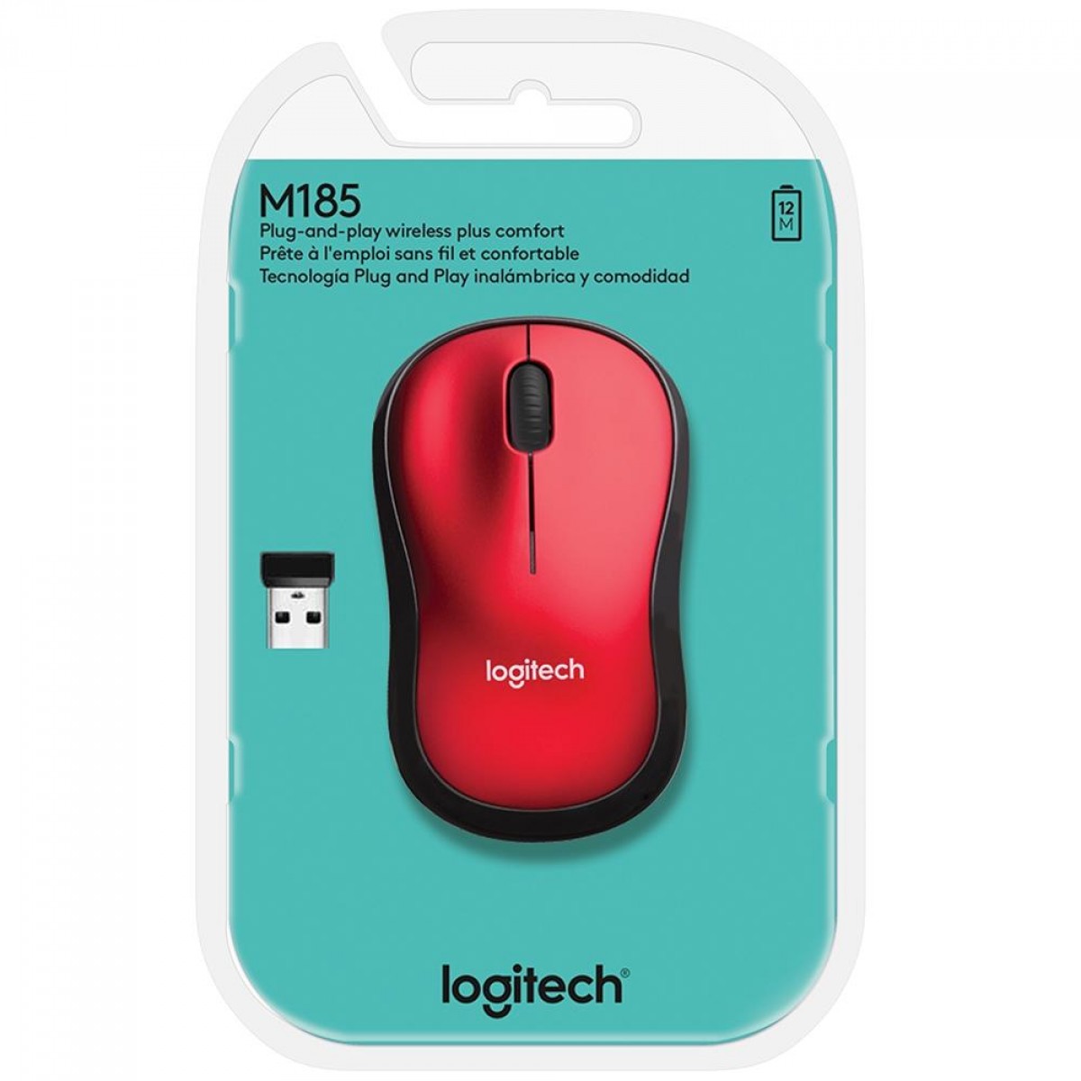 Mouse Logitech M185 Sem fio, 1000 DPI, Wireless, Preto/Vermelho, 910-003635