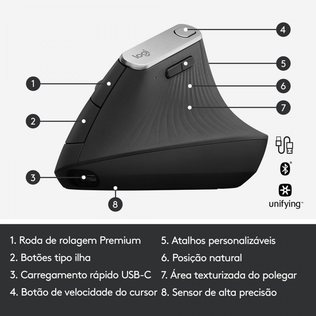 Mouse Logitech MX Vertical, Sem Fio/Bluetooth, Recarregável, 4000 DPI, 4 Botões, Grafite, 910-005447