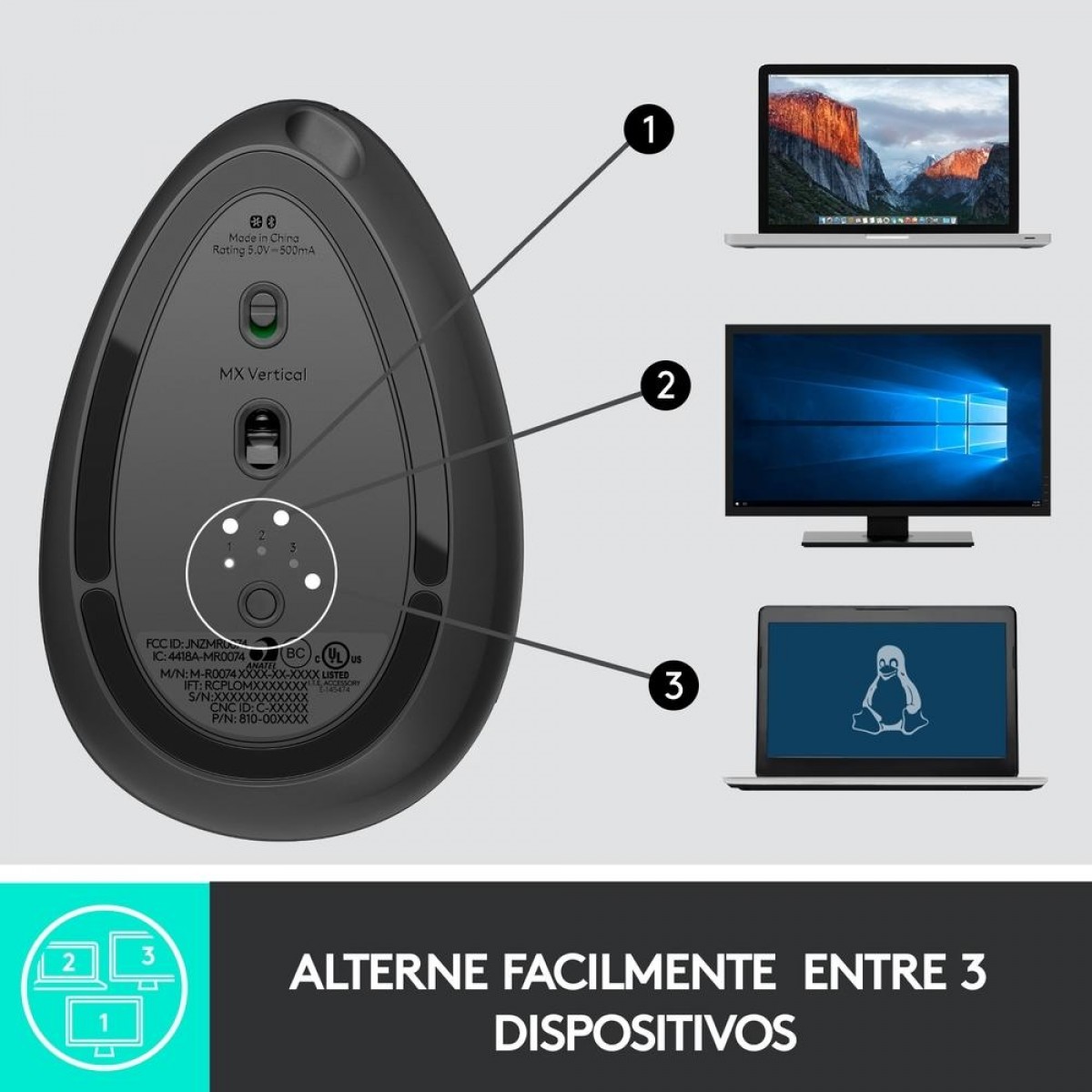 Mouse Logitech MX Vertical, Sem Fio/Bluetooth, Recarregável, 4000 DPI, 4 Botões, Grafite, 910-005447