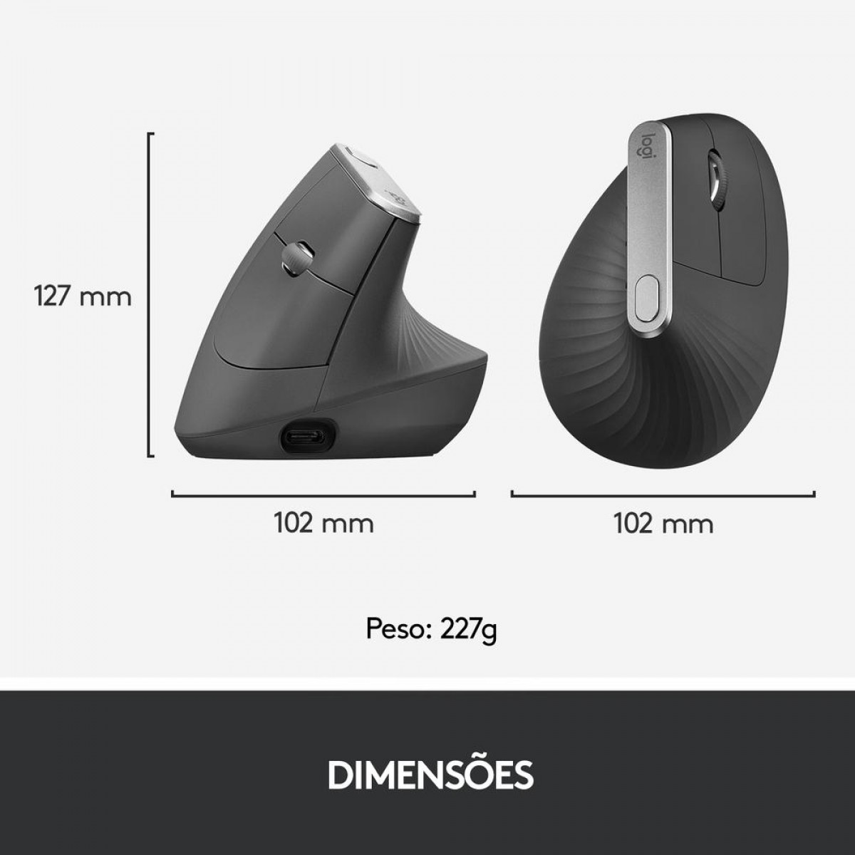 Mouse Logitech MX Vertical, Sem Fio/Bluetooth, Recarregável, 4000 DPI, 4 Botões, Grafite, 910-005447