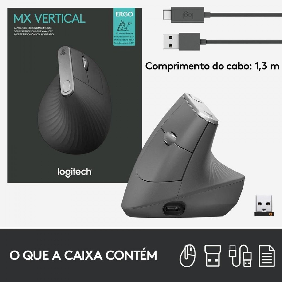 Mouse Logitech MX Vertical, Sem Fio/Bluetooth, Recarregável, 4000 DPI, 4 Botões, Grafite, 910-005447