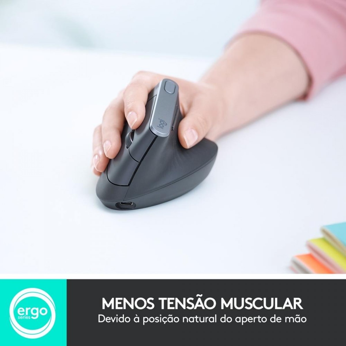 Mouse Logitech MX Vertical, Sem Fio/Bluetooth, Recarregável, 4000 DPI, 4 Botões, Grafite, 910-005447