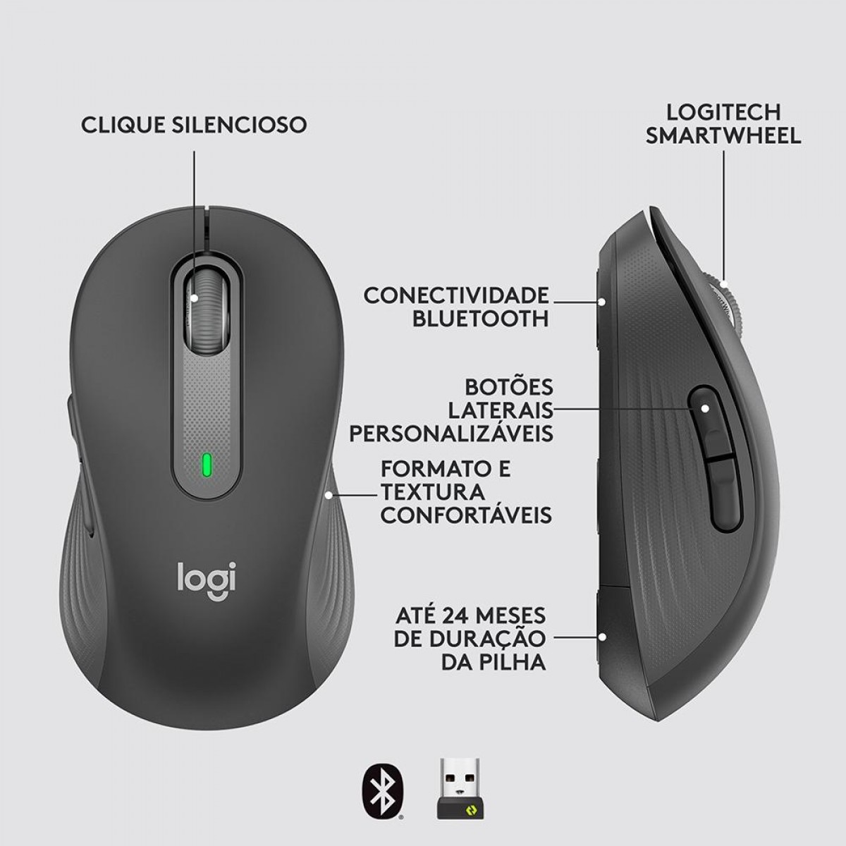 Mouse Logitech Signature M650, Sem Fio/Bluetooth, 2000 DPI, 5 Botões, SilentTouch, Preto, 910-006250