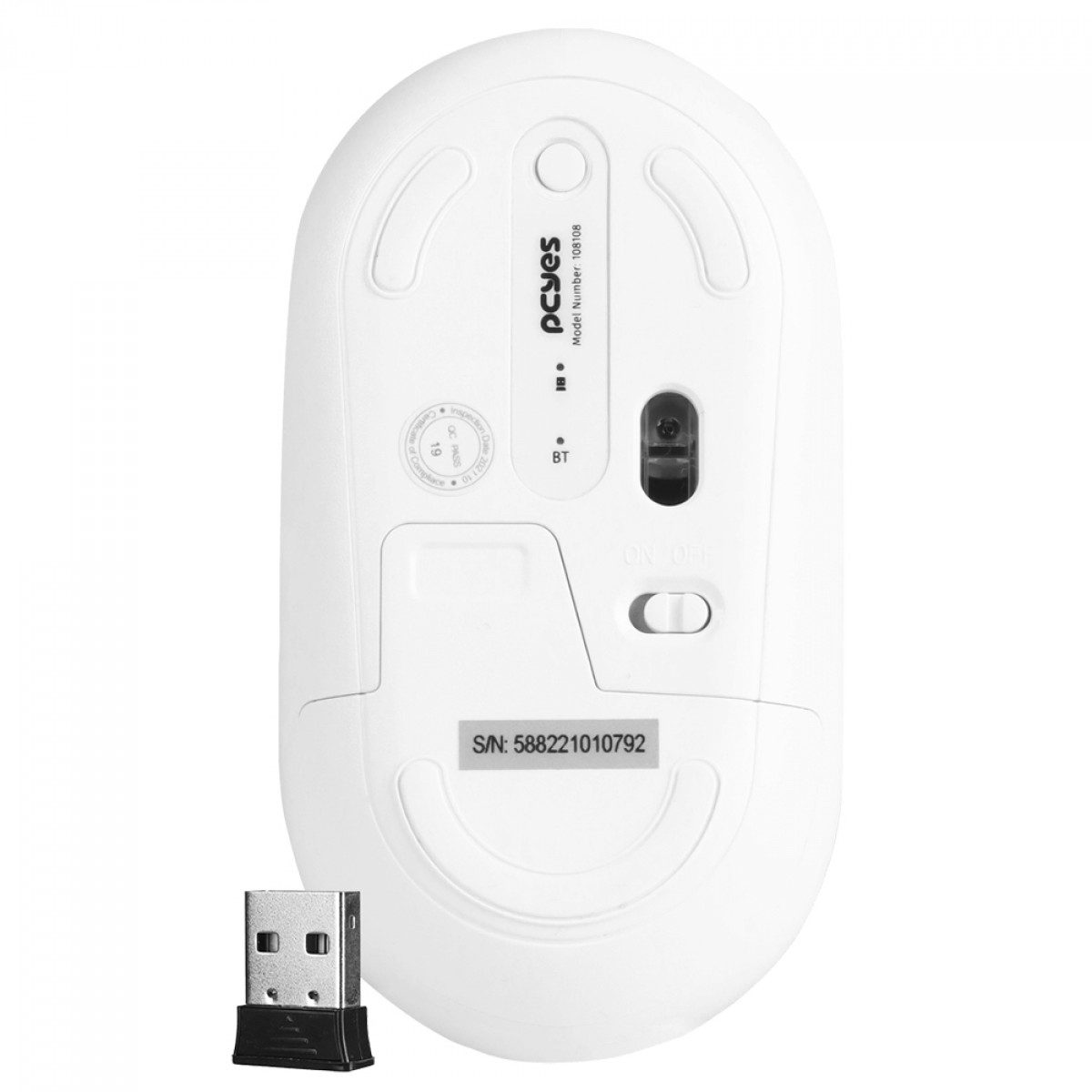 Mouse PCYes College, Wireless/Bluetooth, 1600 DPI, 3 Botões, Branco, PMCWMDSCW