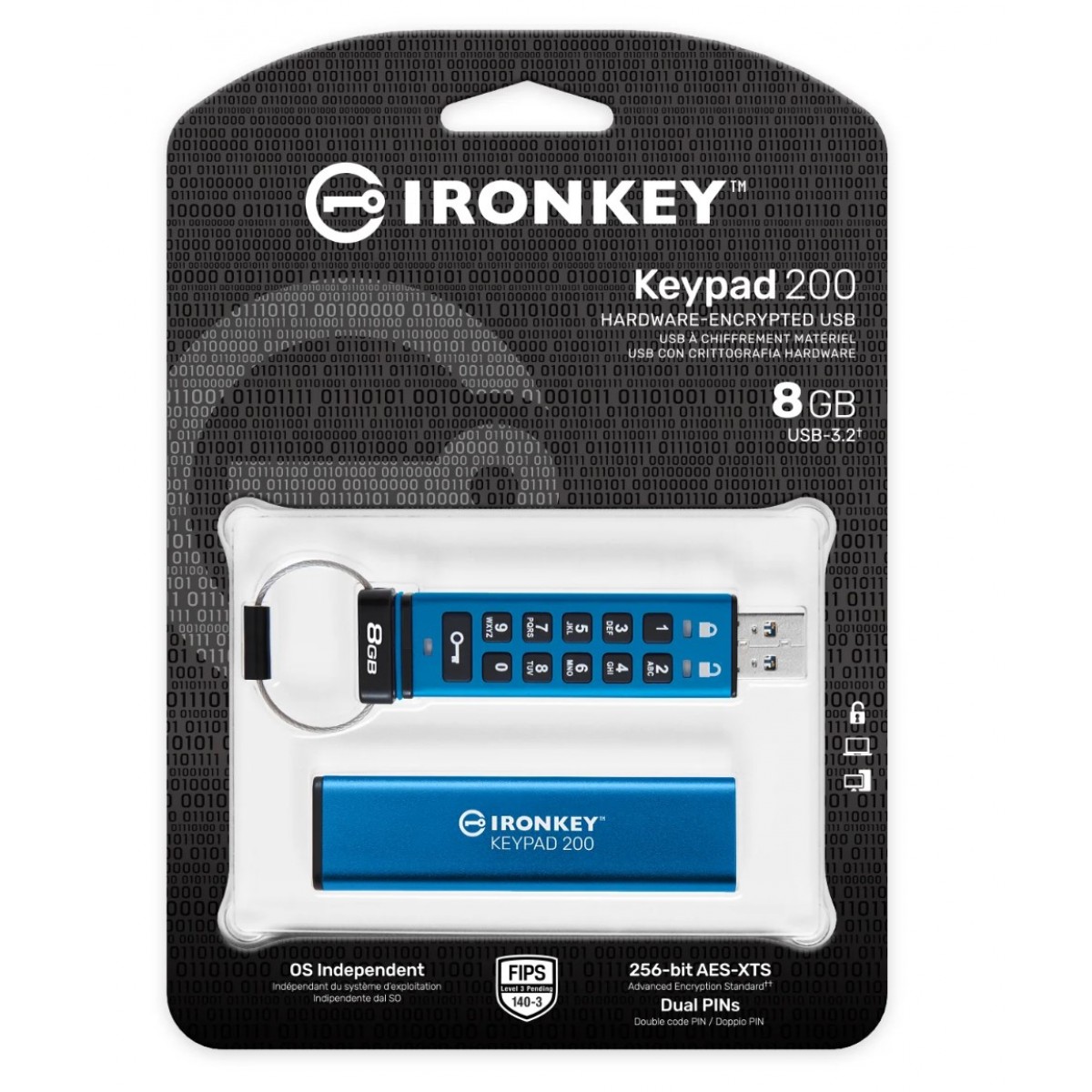 Pendrive Kingston  IronKey Keypad 200, 8GB, USB 3.2, IKKP200/8GB