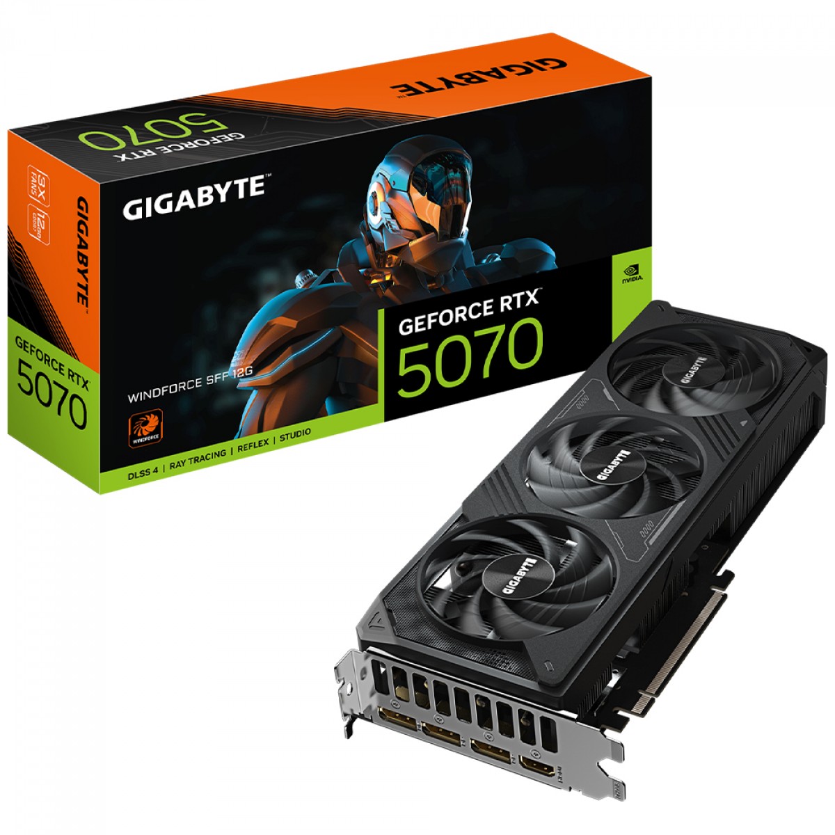 Placa de Vídeo Gigabyte NVIDIA GeForce RTX 5070 Windforce SFF, 12GB, GDDR7, DLSS, Ray Tracing, GV-N5070WF3-12GD