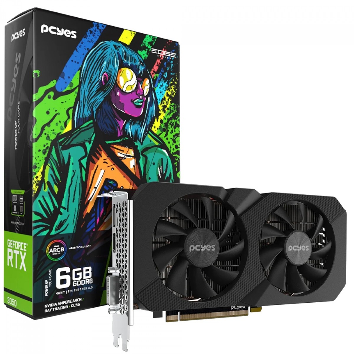 Placa de Vídeo PCYES NVIDIA GeForce RTX 3050 Projeto Edge, 6GB, GDDR6, DLSS, Ray Tracing, PVRTX30506BLPE