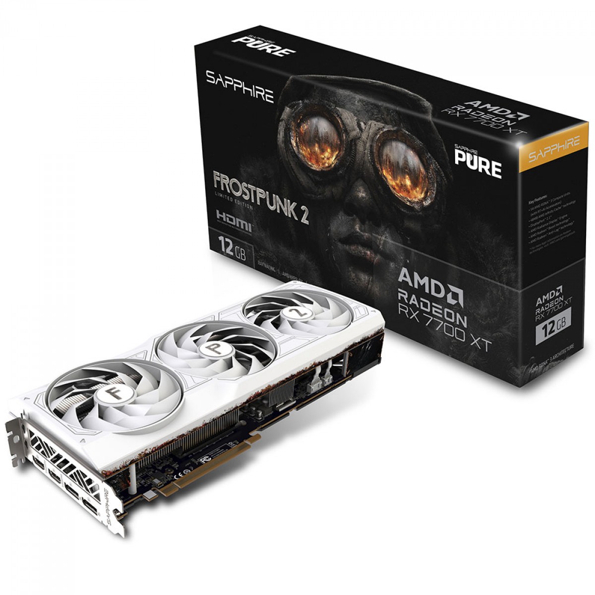 Placa de Vídeo Sapphire Pure AMD Radeon RX 7700 XT Frostpunk 2 Limited Edition, 12GB, GDDR6, FSR, Ray Tracing, 11335-08-50G