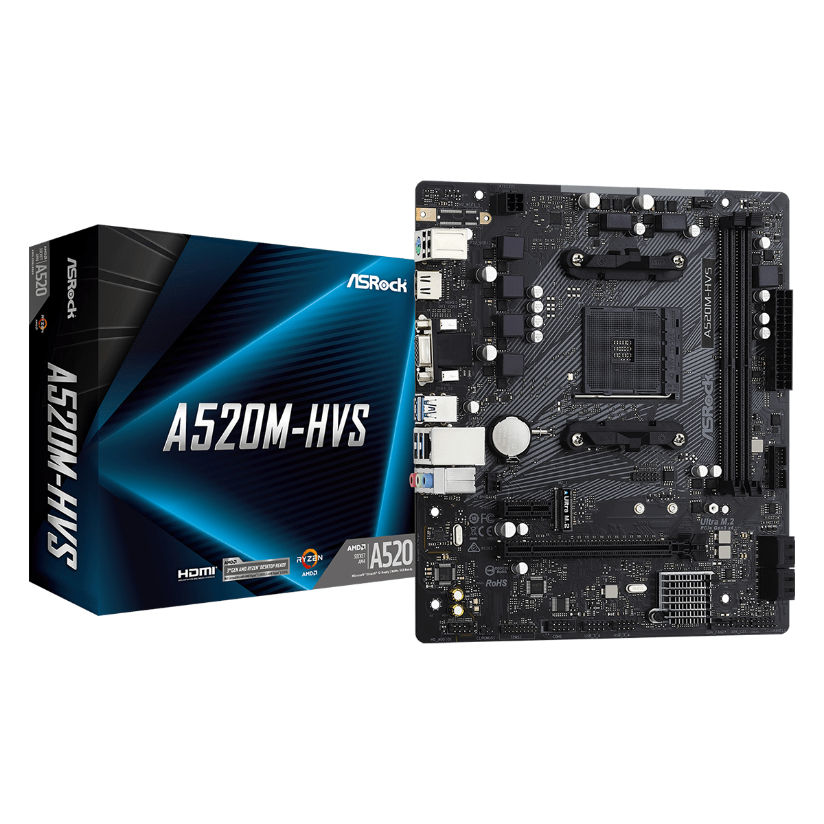 Placa Mãe ASRock A520M-HVS, A520, AMD AM4, mATX, DDR4, 90-MXBE60-A0UAYZ