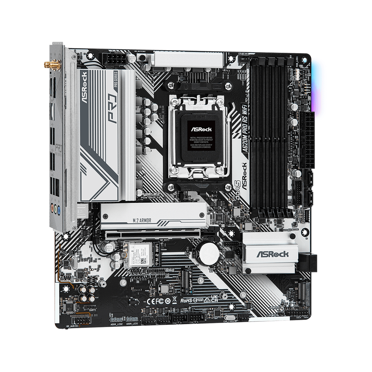 Placa Mãe ASRock A620M Pro RS WIFI, Chipset A620, AMD AM5, M-ATX, DDR5, 90-MXBLX0-A0UAYZ
