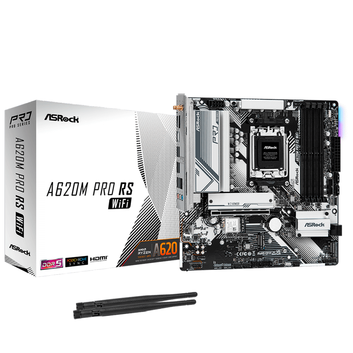 Placa Mãe ASRock A620M Pro RS WIFI, Chipset A620, AMD AM5, M-ATX, DDR5, 90-MXBLX0-A0UAYZ