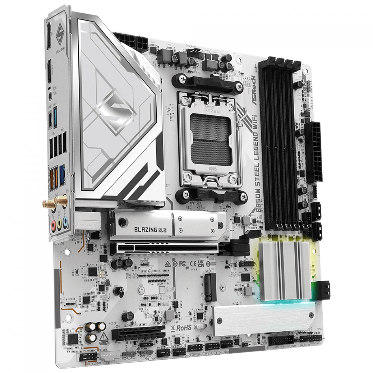 Placa Mãe ASRock B850M Steel Legend WiFi, Chipset B850, AMD AM5, mATX, DDR5, Branco