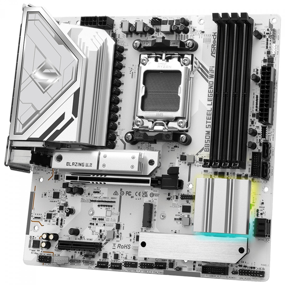 Placa Mãe ASRock B850M Steel Legend WiFi, Chipset B850, AMD AM5, mATX, DDR5, Branco