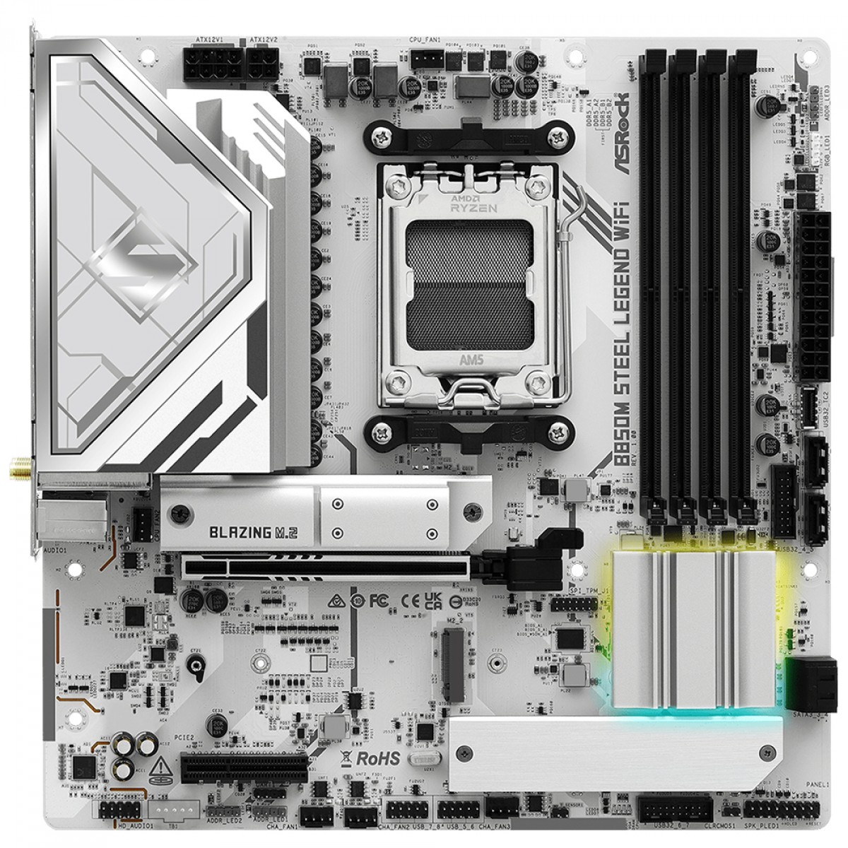 Placa Mãe ASRock B850M Steel Legend WiFi, Chipset B850, AMD AM5, mATX, DDR5, Branco
