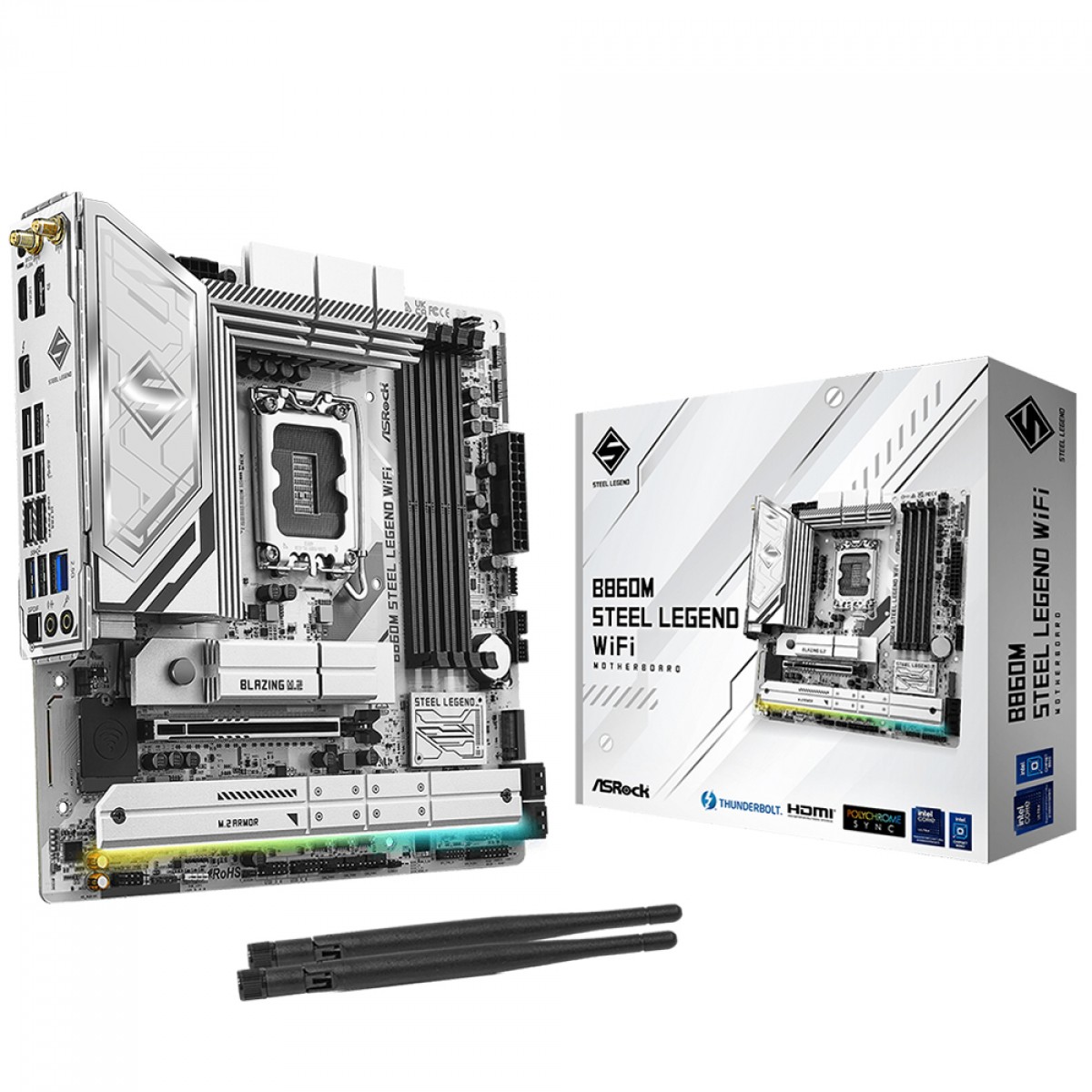 Placa Mãe ASRock B860M Steel Legend WiFi, Chipset B860, Intel LGA 1851, mATX, DDR5, Branco