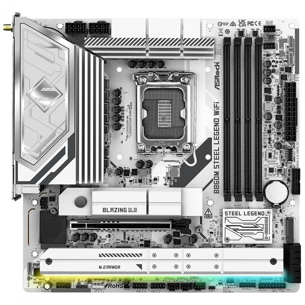 Placa Mãe ASRock B860M Steel Legend WiFi, Chipset B860, Intel LGA 1851, mATX, DDR5, Branco