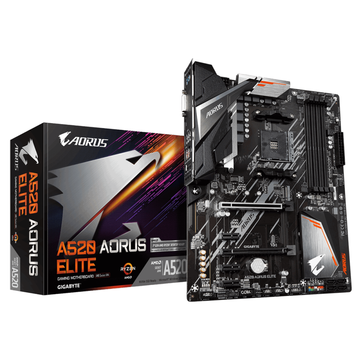 Placa Mãe Gigabyte A520 AORUS Elite, Chipset A520, AMD AM4, ATX, DDR4