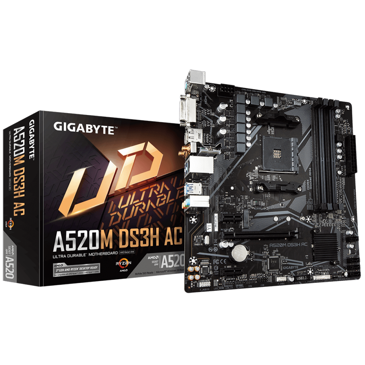 Placa Mãe Gigabyte A520M DS3H AC, Chipset A520, AMD AM4, Wi-Fi, mATX, DDR4, 9MA52M3HC-00-11