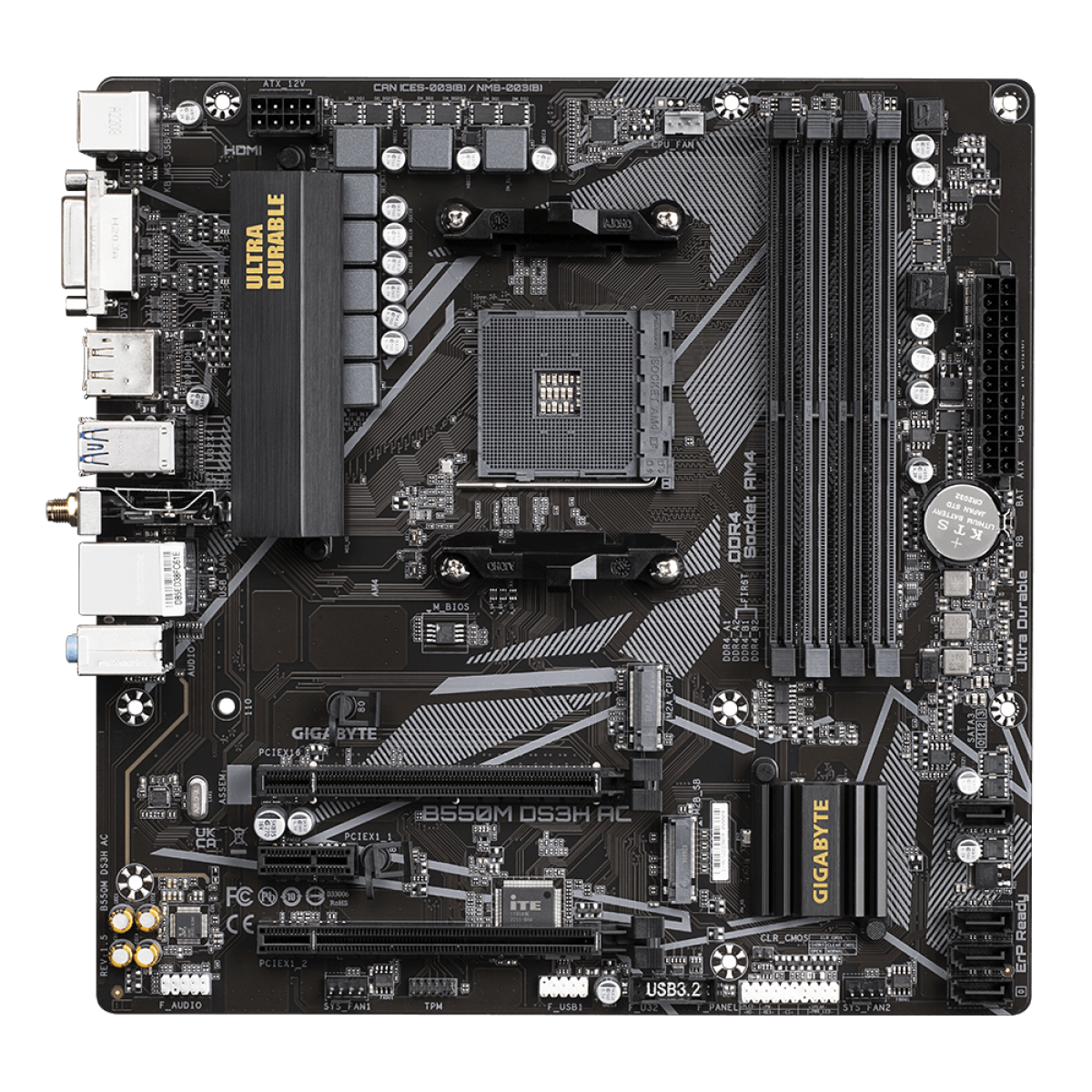 Placa Mãe Gigabyte B550M DS3H AC, Wi-Fi, Chipset B550, AMD AM4, mATX, DDR4