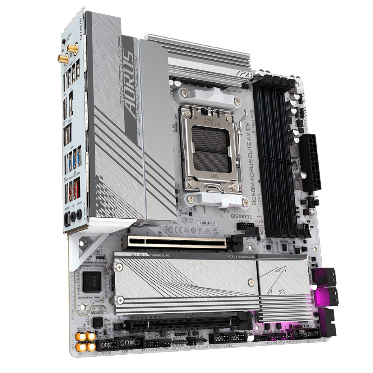 Placa Mãe Gigabyte B650M AORUS ELITE AX ICE, Chipset B650, AMD AM5, MATX, DDR5