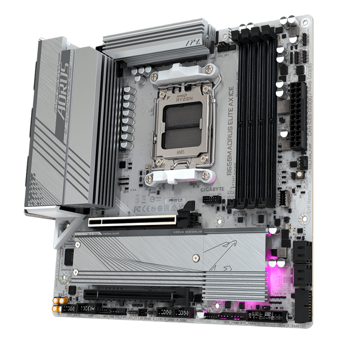 Placa Mãe Gigabyte B650M AORUS ELITE AX ICE, Chipset B650, AMD AM5, MATX, DDR5