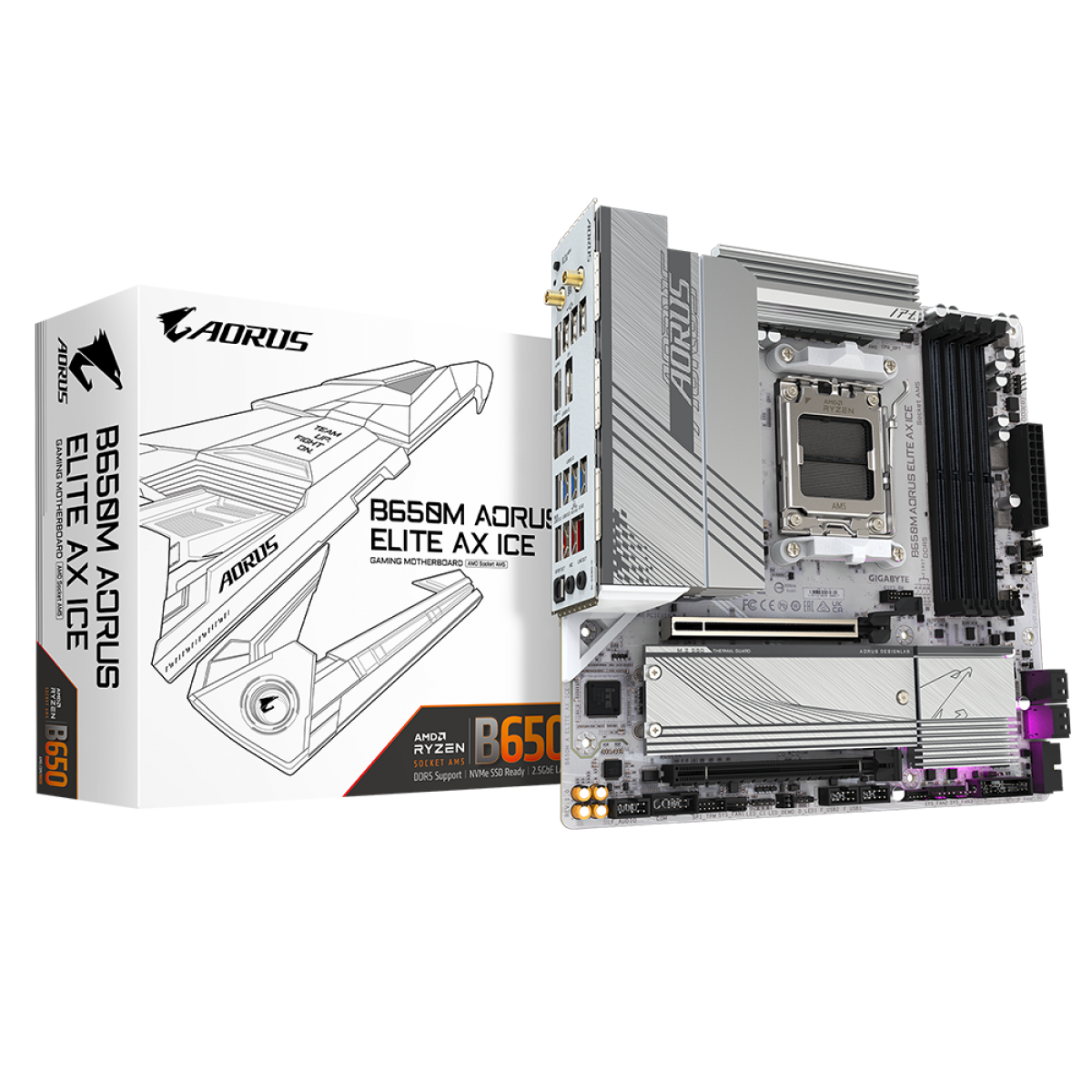Placa Mãe Gigabyte B650M AORUS ELITE AX ICE, Chipset B650, AMD AM5, MATX, DDR5