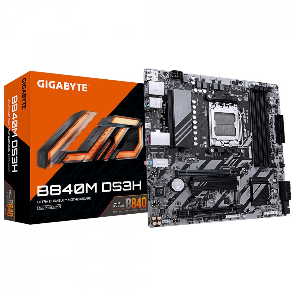 Placa Mãe Gigabyte B840M DS3H, Chipset B840, AMD AM5, MATX, DDR5