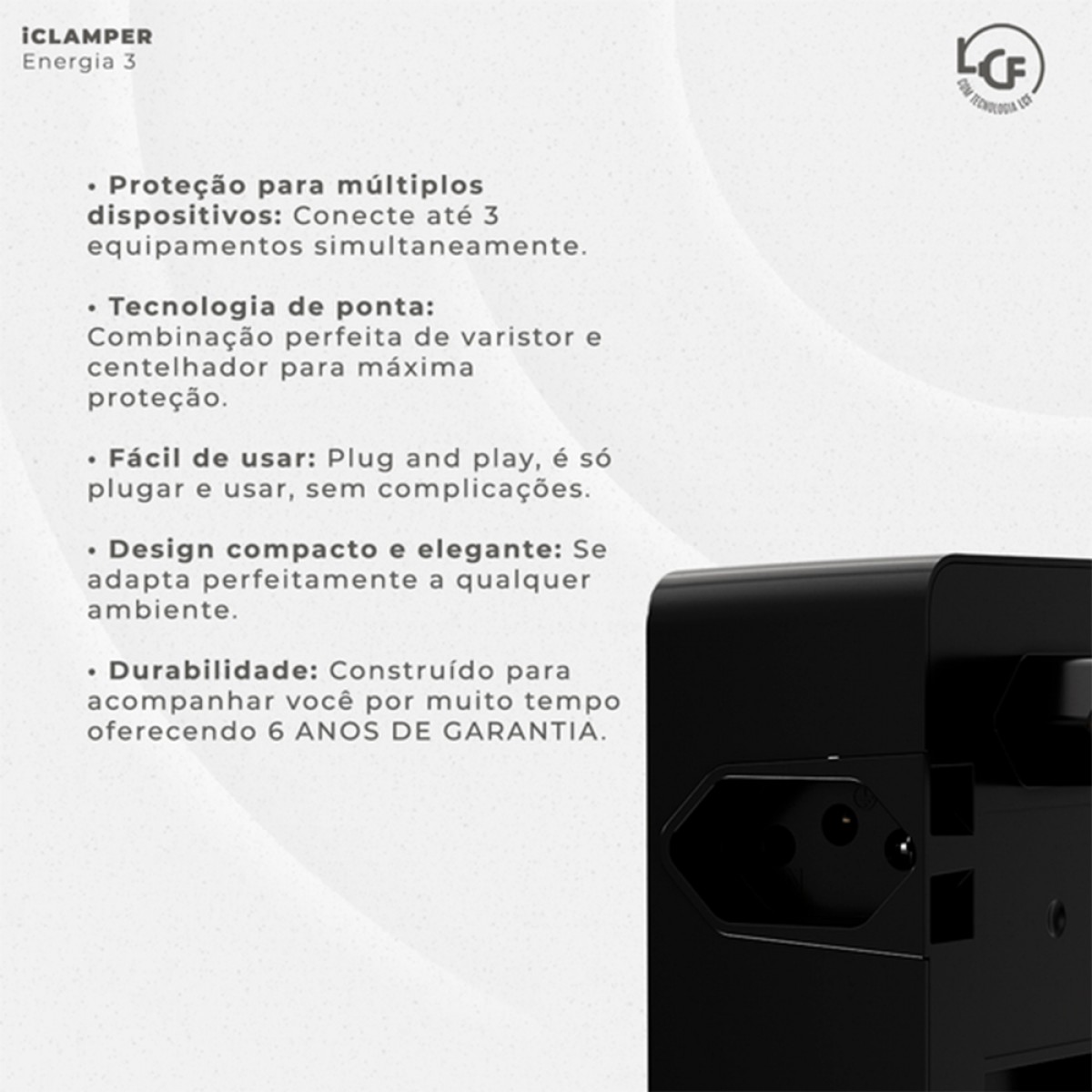 Protetor CLAMPER Energia 3 LCF, 3 Tomadas, 3 Pinos, 10 Amperes, Bivolt, Preto
