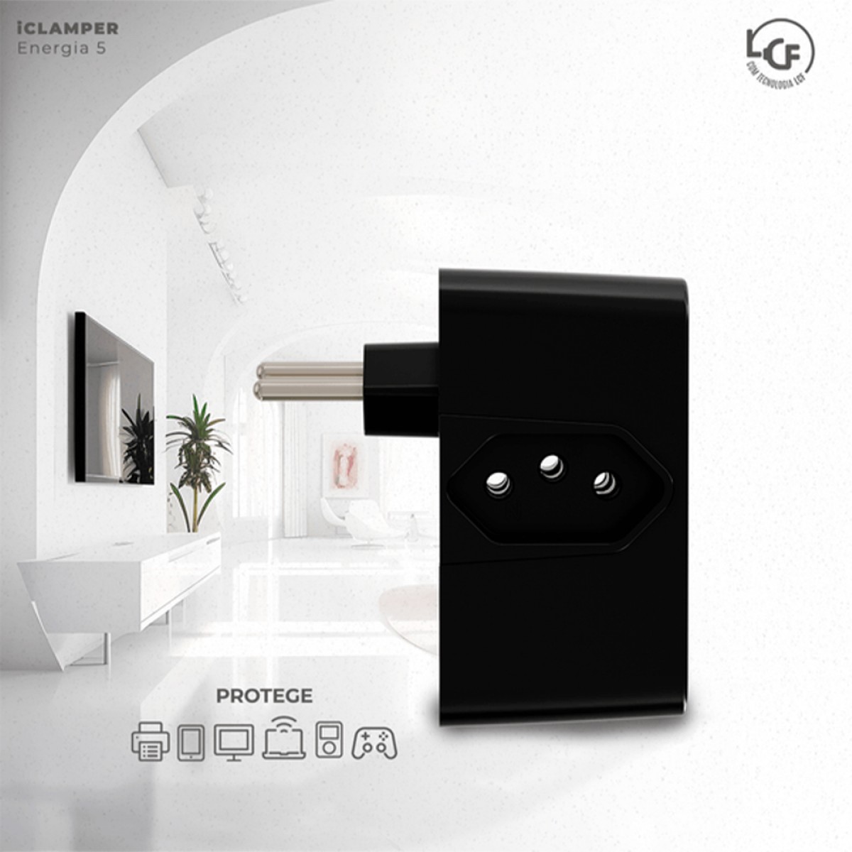 Protetor CLAMPER Energia 3 LCF, 3 Tomadas, 3 Pinos, 10 Amperes, Bivolt, Preto