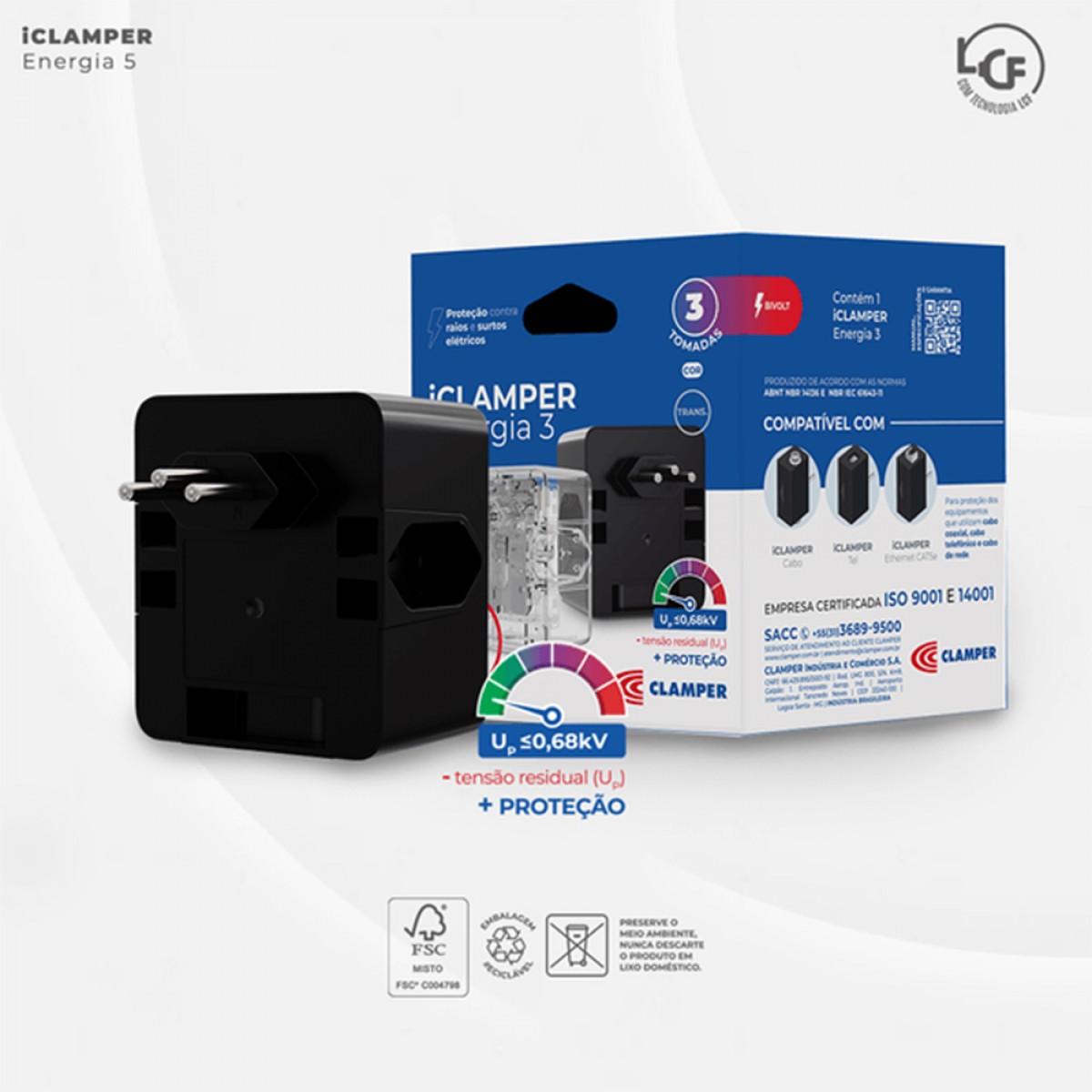 Protetor CLAMPER Energia 3 LCF, 3 Tomadas, 3 Pinos, 10 Amperes, Bivolt, Preto