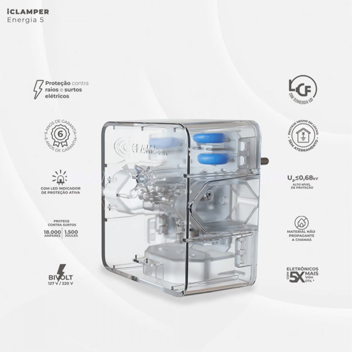 Protetor CLAMPER Energia 3 LCF, 3 Tomadas, 3 Pinos, 10 Amperes, Bivolt, Transparente