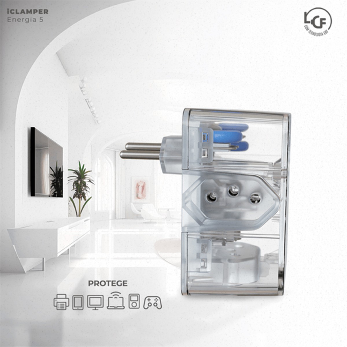 Protetor CLAMPER Energia 3 LCF, 3 Tomadas, 3 Pinos, 10 Amperes, Bivolt, Transparente