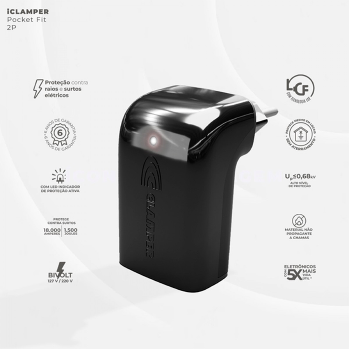 Protetor CLAMPER Pocket Fit, 2 Pinos, 10 Amperes, Bivolt, Formato Fit 90º, Preto