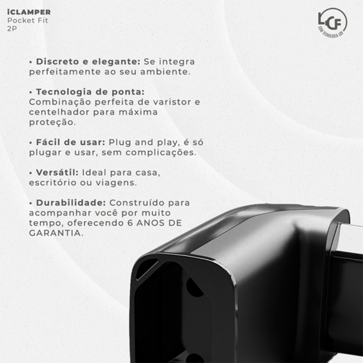 Protetor CLAMPER Pocket Fit, 2 Pinos, 10 Amperes, Bivolt, Formato Fit 90º, Preto