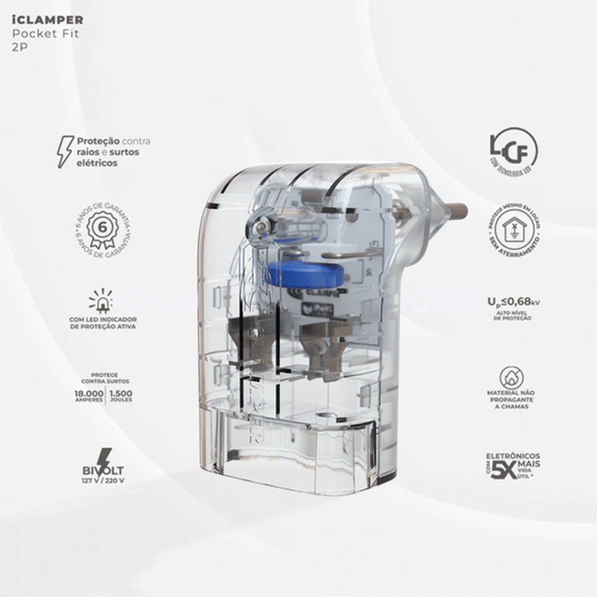 Protetor CLAMPER Pocket Fit LCF, 2 Pinos, 10 Amperes, Bivolt, Formato Fit 90º, Transparente
