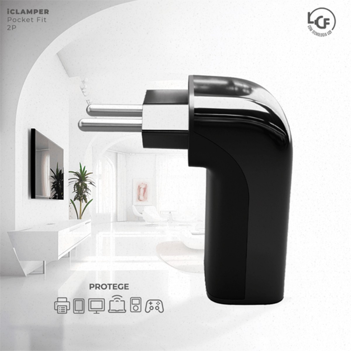 Protetor CLAMPER Pocket Fit LCF, 2 Pinos, 20 Amperes, Bivolt, Formato Fit 90º, Preto