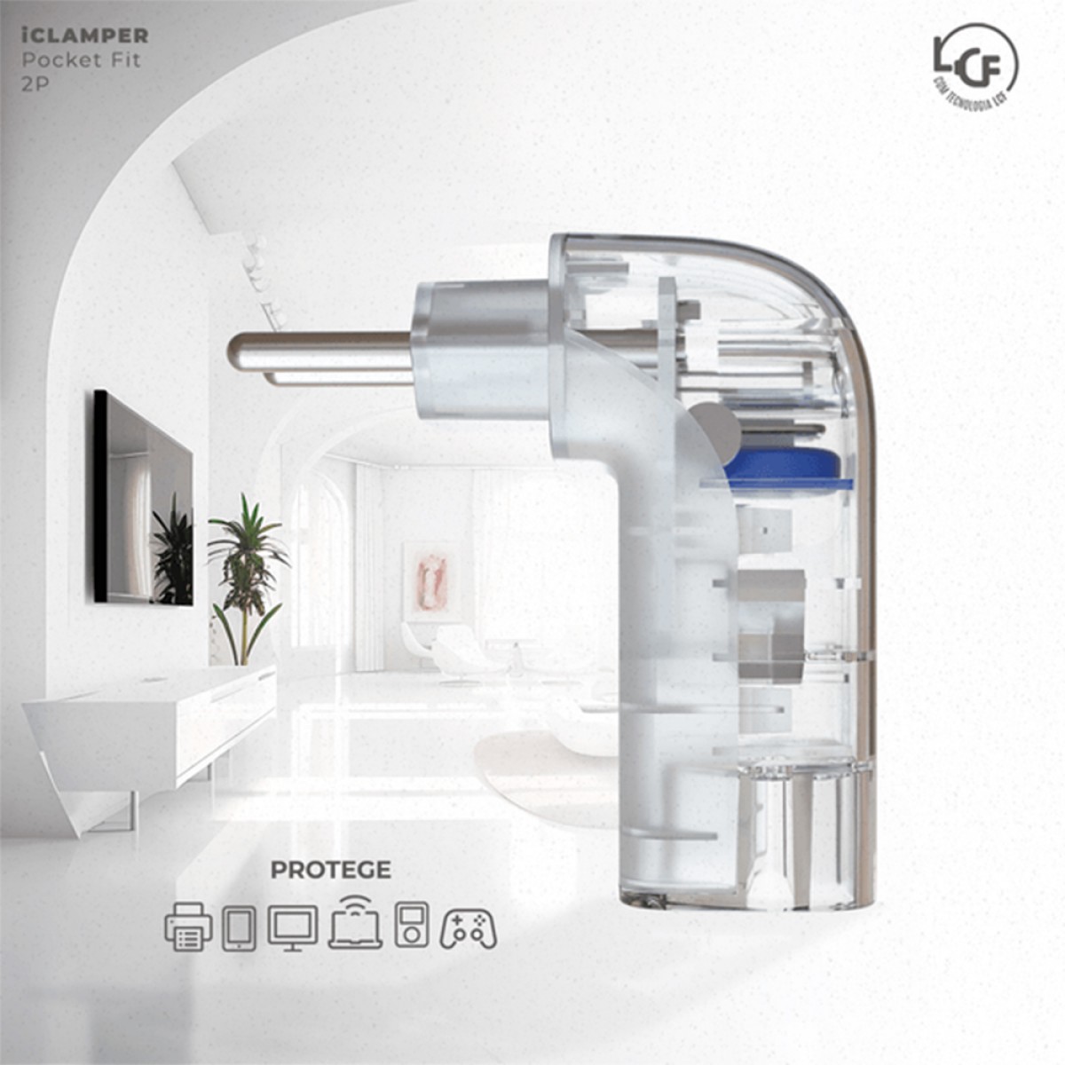 Protetor CLAMPER Pocket Fit LCF, 2 Pinos, 20 Amperes, Bivolt, Formato Fit 90º, Transparente