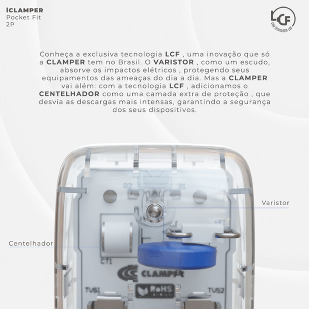 Protetor CLAMPER Pocket Fit LCF, 2 Pinos, 20 Amperes, Bivolt, Formato Fit 90º, Transparente