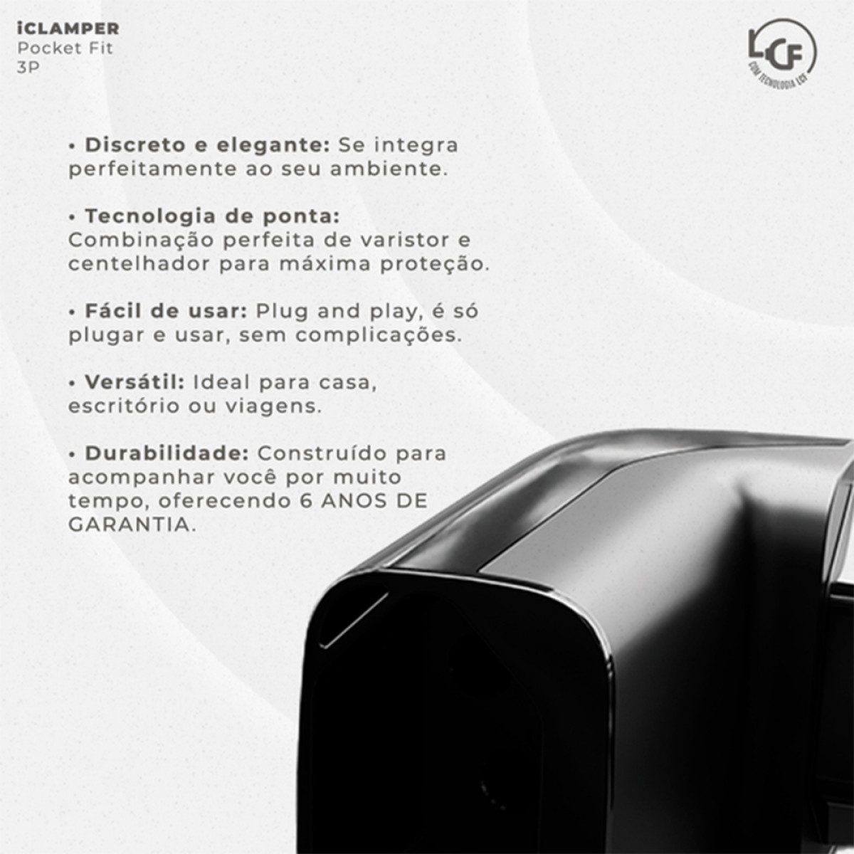 Protetor CLAMPER Pocket Fit LCF, 3 Pinos, 20 Amperes, Bivolt, Formato Fit 90º, Preto