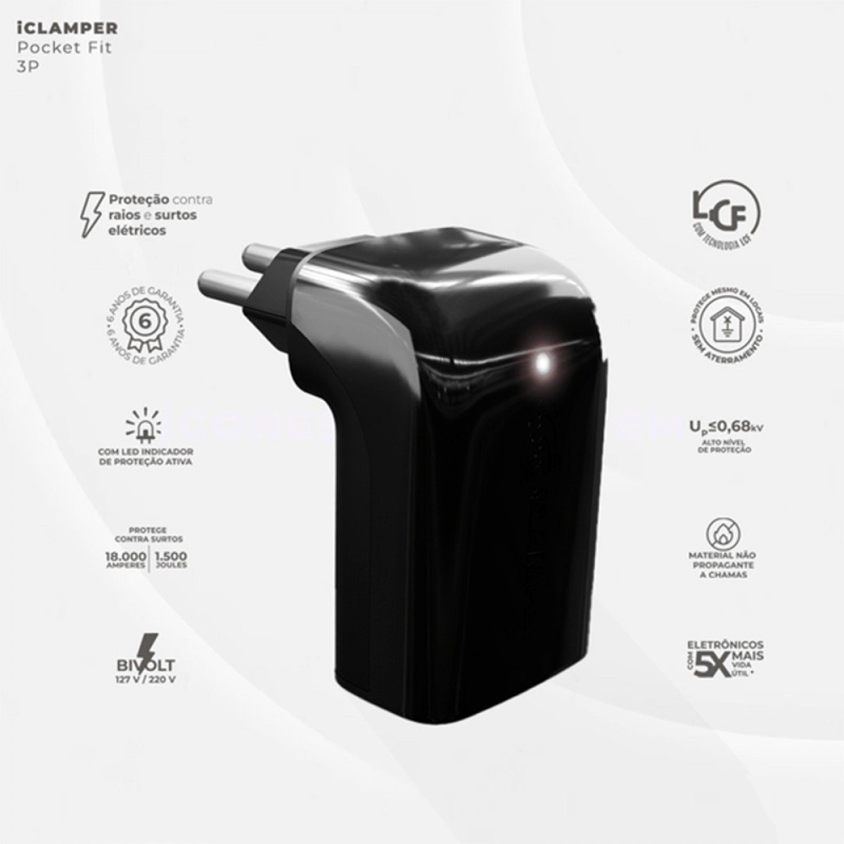 Protetor CLAMPER Pocket Fit LCF, 3 Pinos, 20 Amperes, Bivolt, Formato Fit 90º, Preto