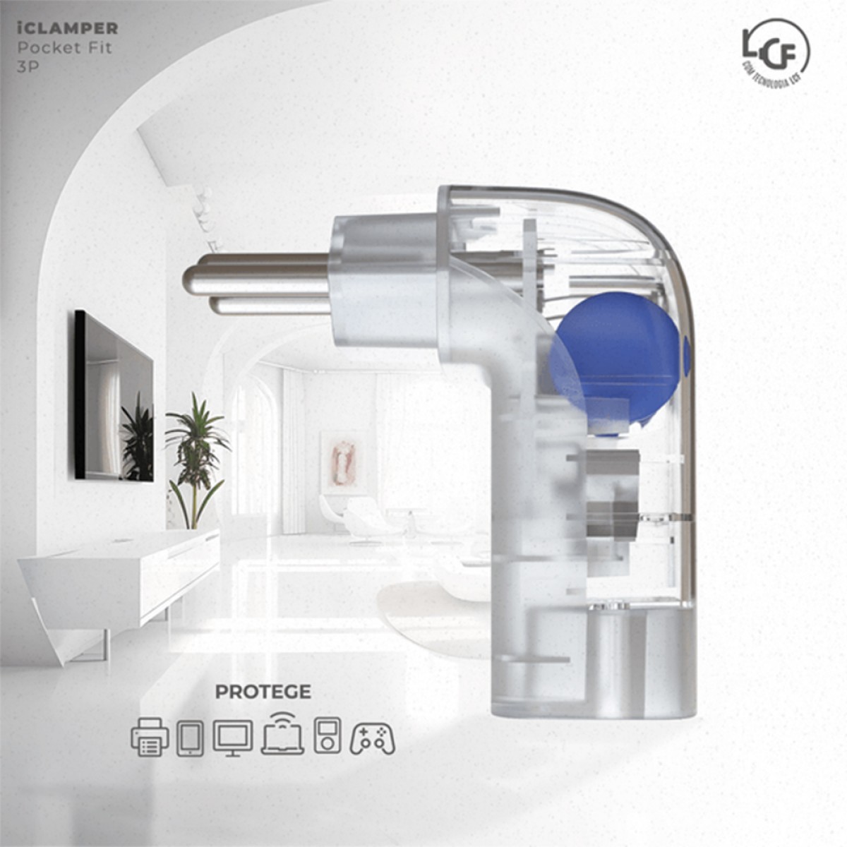 Protetor CLAMPER Pocket Fit LCF, 3 Pinos, 20 Amperes, Bivolt, Formato Fit 90º, Transparente