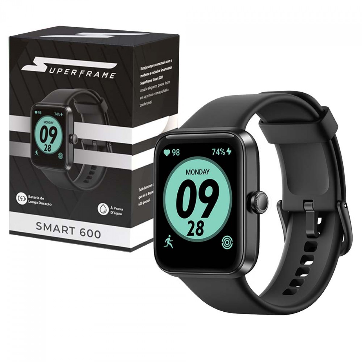 Relógio SmartWatch SuperFrame Smart 600, 1.69", Bluetooth, Monitoramento de Frequência Cardíaca, Music Control, Homologado pela ANATEL, Black, SW-600-P