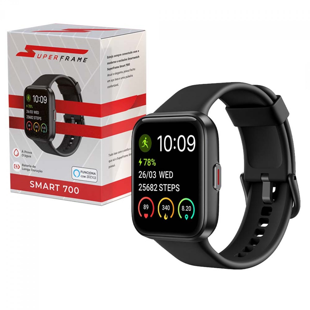 Relógio SmartWatch SuperFrame Smart 700, 1.69", Bluetooth, Monitoramento de Frequência Cardíaca, Music Control, Compativel com Alexa, Homologado pela ANATEL, Black, SW-700-P