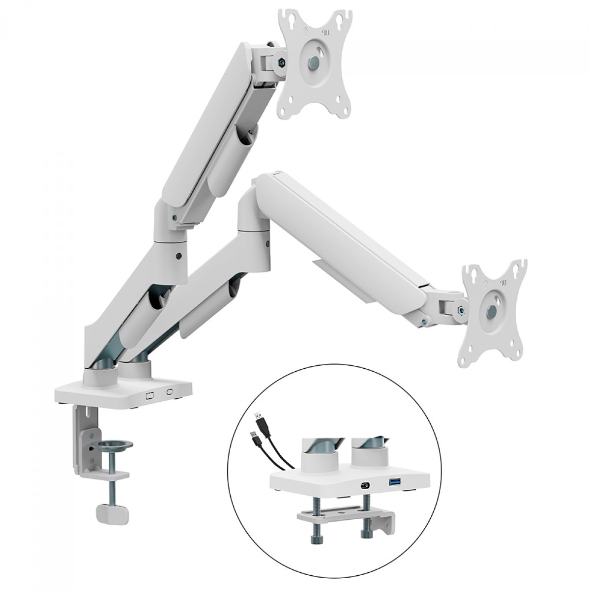 Suporte de Mesa Bluecase Ergo Flexy, Articulado, Com Conectores USB, Para Dois Monitores de 17" a 32", Branco, BSMTS02U-1WBX