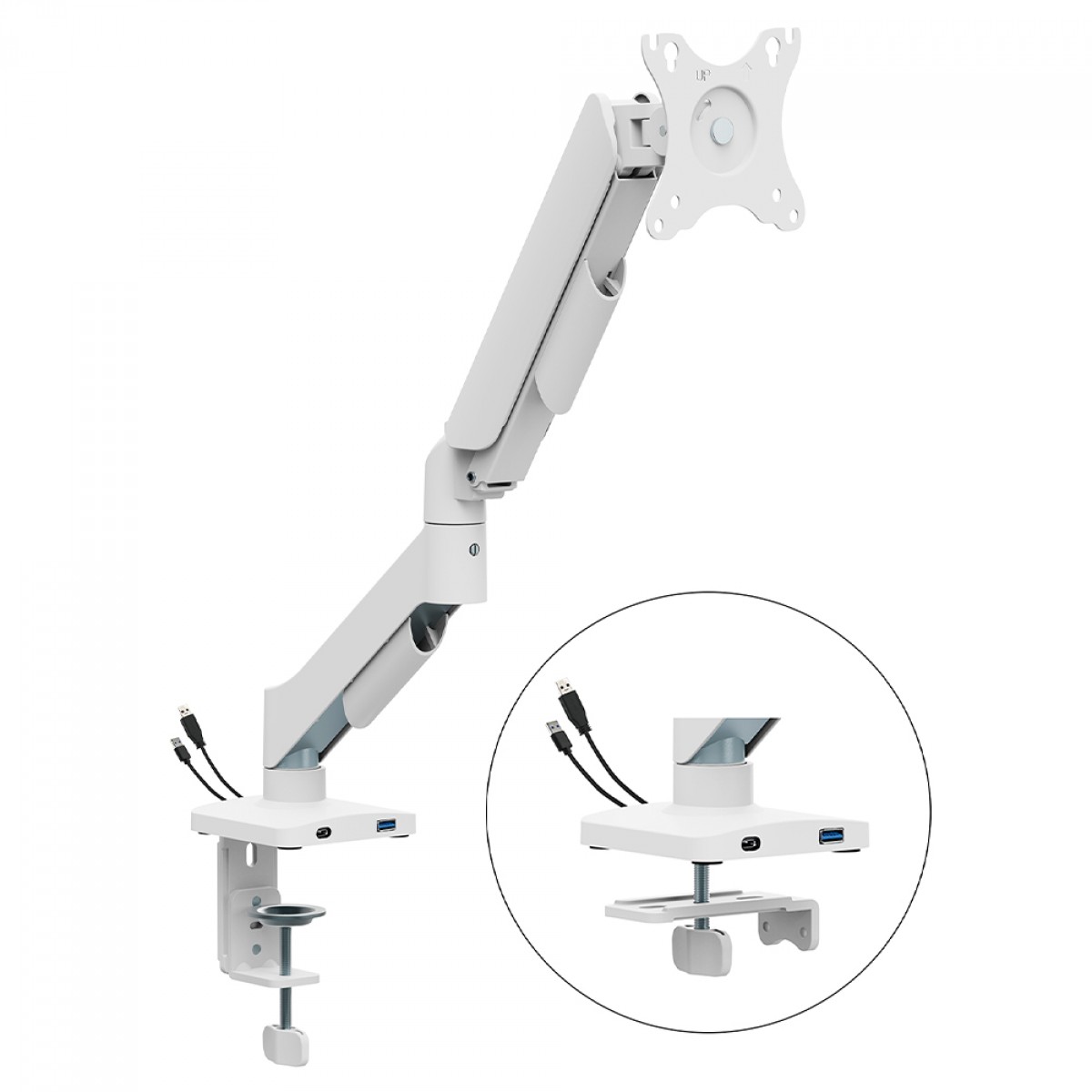 Suporte de Mesa Bluecase Ergo Flexy, Articulado, Com Conectores USB, Para Monitores de 17" a 32", Branco, BSMTS01U-1WBX