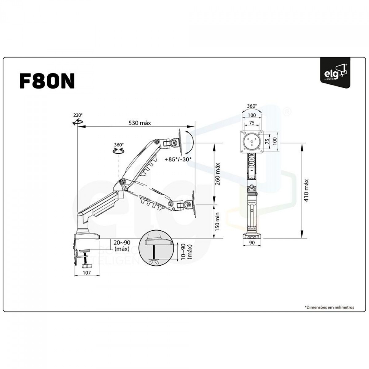 Suporte de Mesa ELG, Ergonômico, Articulado, Com Pistão, Para Monitores de 17" a 35", F80N