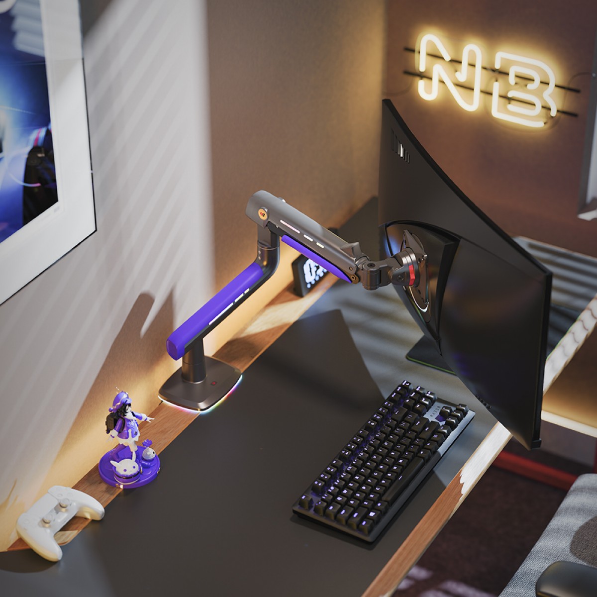 Suporte de Mesa North Bayou G60, RGB, Articulado, Para Monitores 32 Até 60 Pol, Preto e Azul